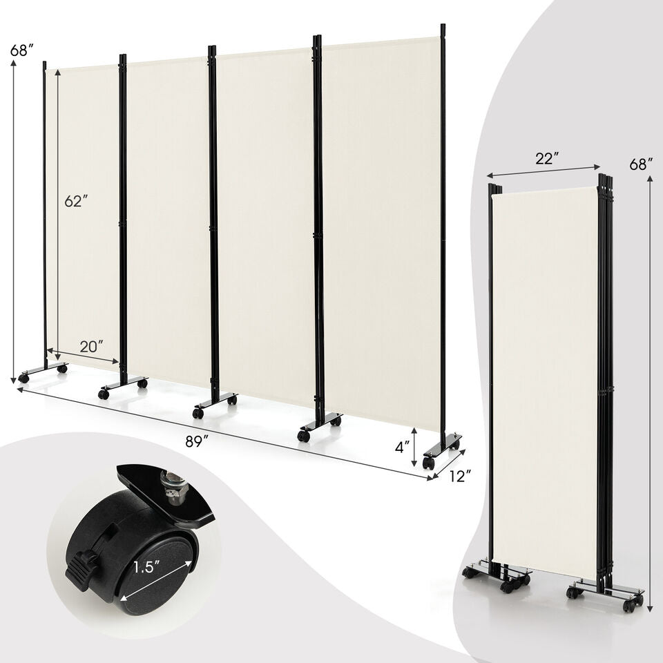 4-Panel Folding Room Divider 6FT Rolling Privacy Screen with Lockable Wheels White