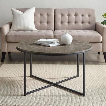 Walker Edison Cora Modern Round Faux Marble Top Coffee Table with X Ba ...