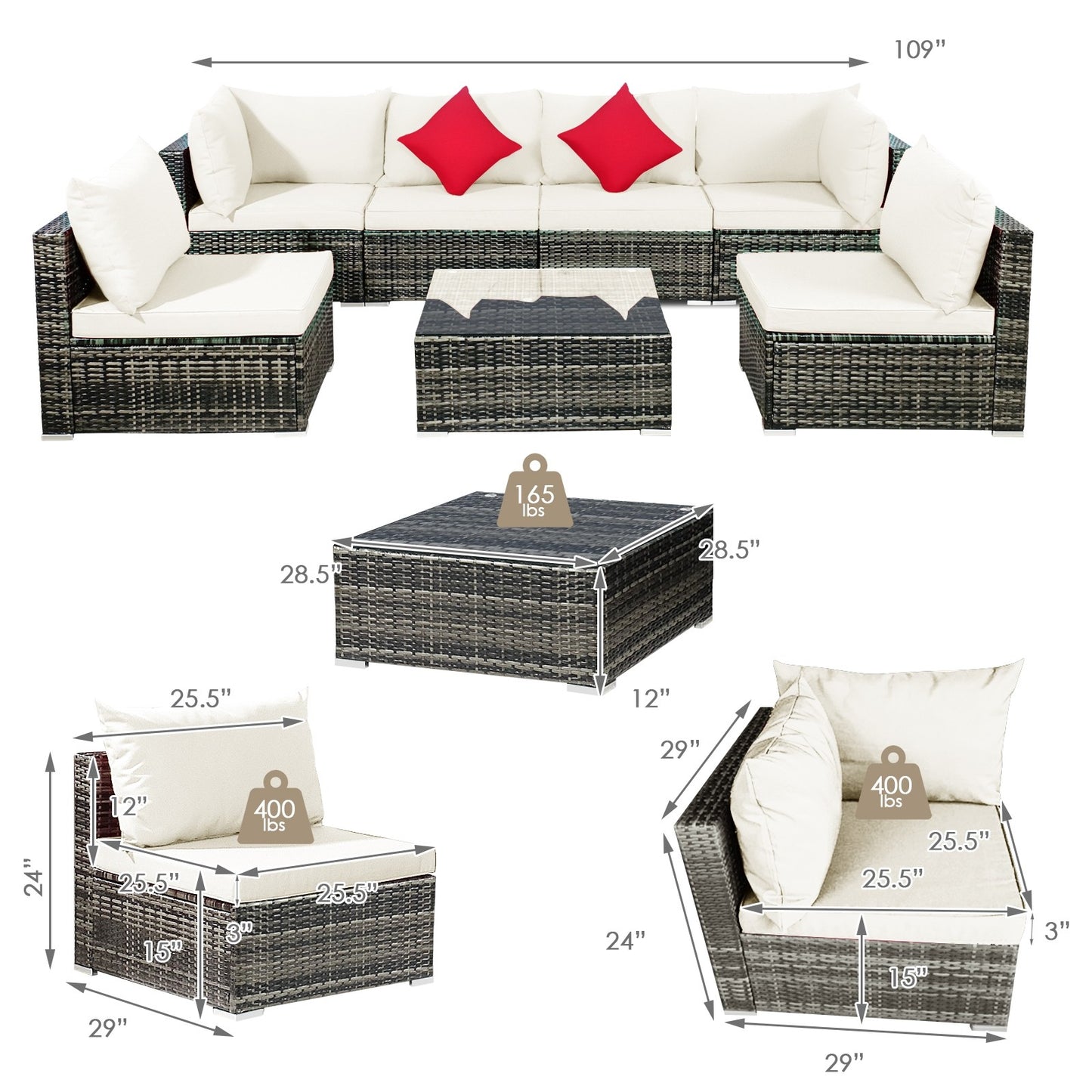 7 Pieces Rattan Sectional Sofa Set with Cushion for Patio Garden - *UNASSEMBLED/IN BOX*