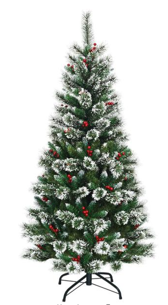 6 ft. Snow Flocked Artificial Christmas Hinged Tree w/ Pine Needles & Red Berries *UNLIT*