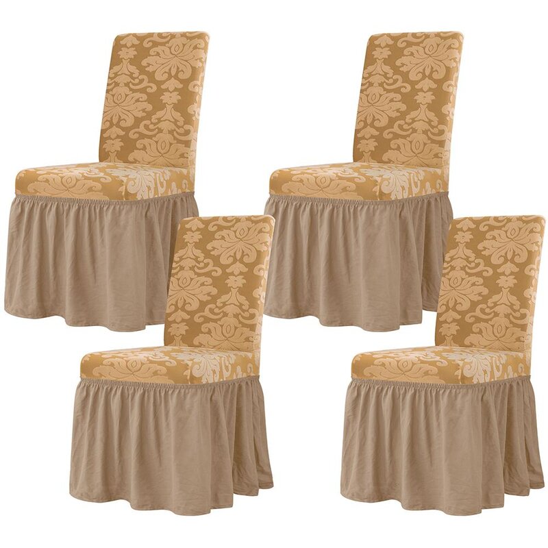 Damask Printed Ruffle Skirt Box Cushion Dining Chair Slipcover - Main Image
