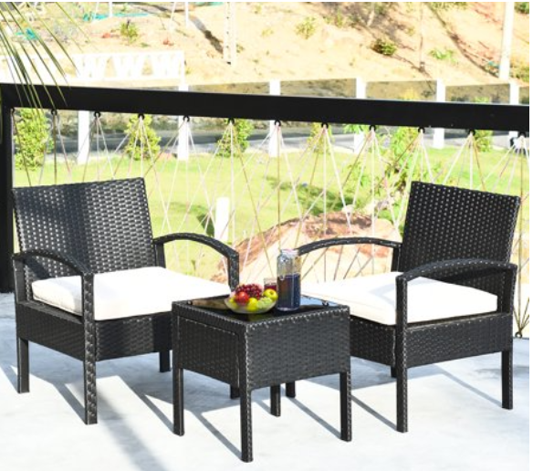 3PCS Patio Rattan Furniture Set, In Box Unassembled. White Cushions
