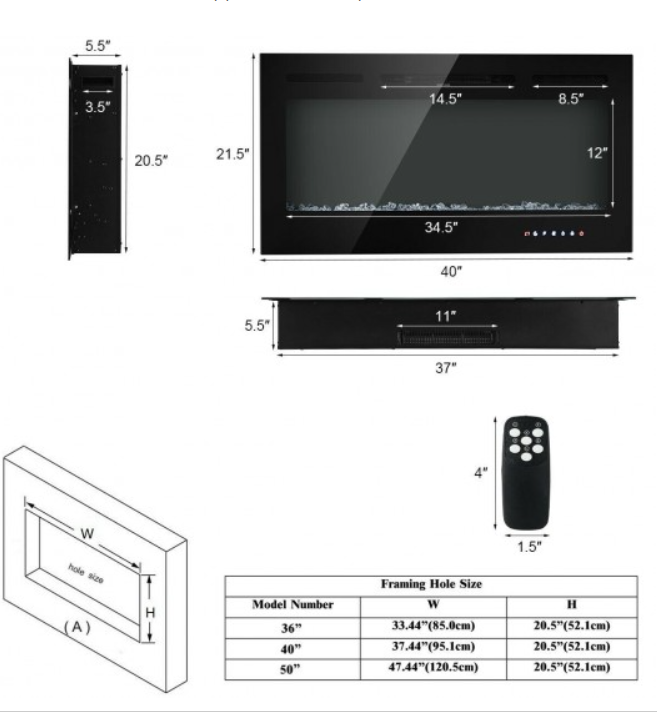 40-Inch Electric Fireplace Recessed or Wall Mounted with Multicolor Flame