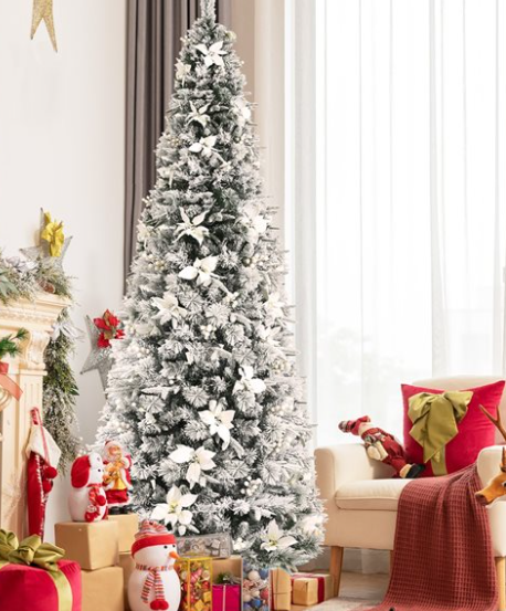 8-ft Snow-Flocked Artificial Christmas Tree with Berries and Poinsettia Flowers, cm23503