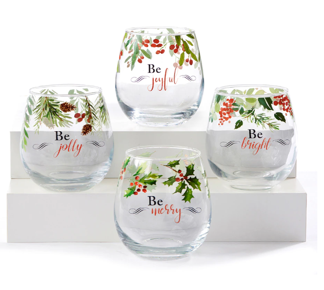 Holiday Memories Stemless Set of 4 Wine Glasses