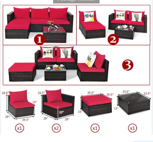 5PCS Patio Rattan Furniture Set Sectional, assembled, light red pillows