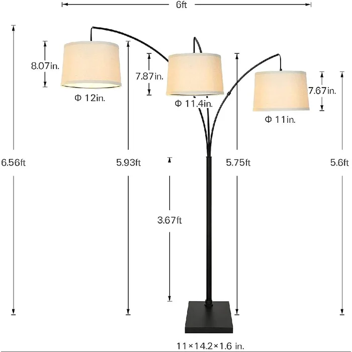 Trinity Arc Floor Lamp, 3 Lights, Heavy Base, Black, 79`` tall