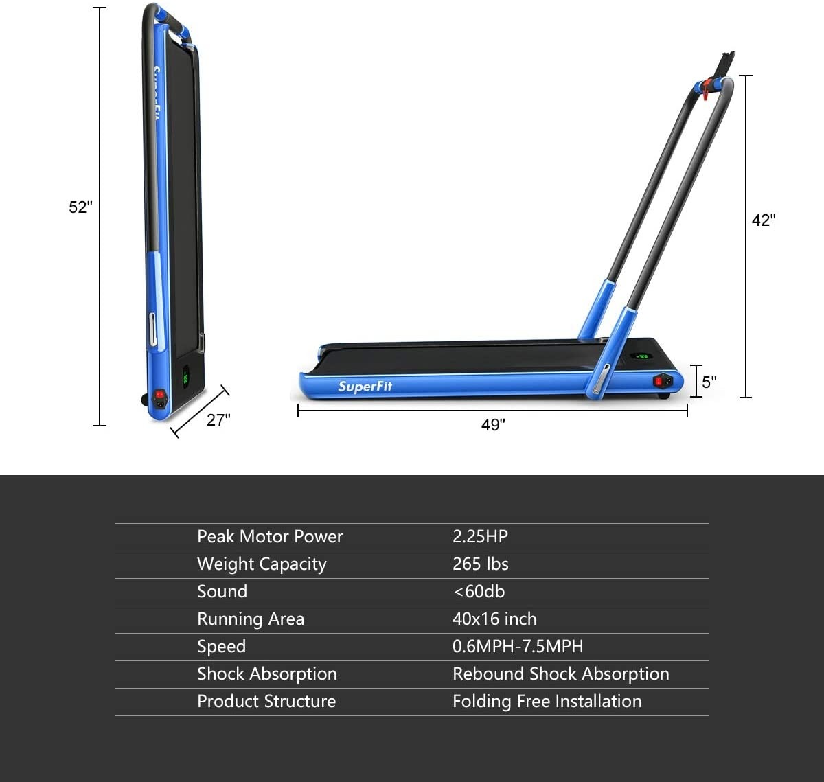 SuperFit 2.25HP 2-in-1 Folding Treadmill, Blue/Black