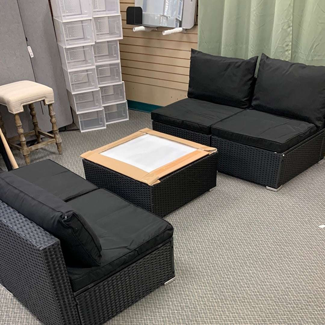 5 Piece Outdoor Wicker Set, Black Wicker, Green Cushions, Fully Assembled
