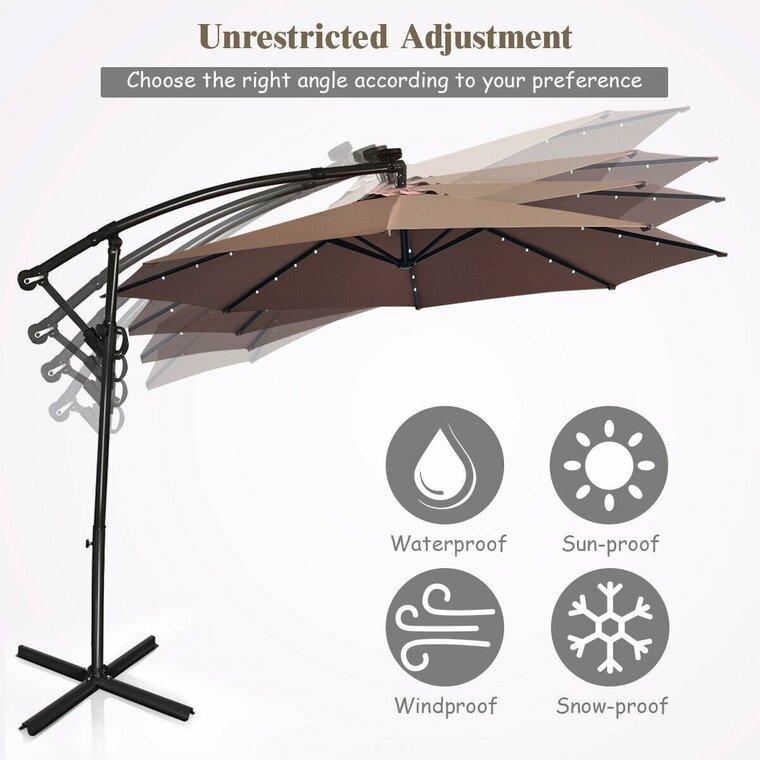 10 Feet 360° Rotation Solar Powered LED Patio Offset Umbrella without Weight Base