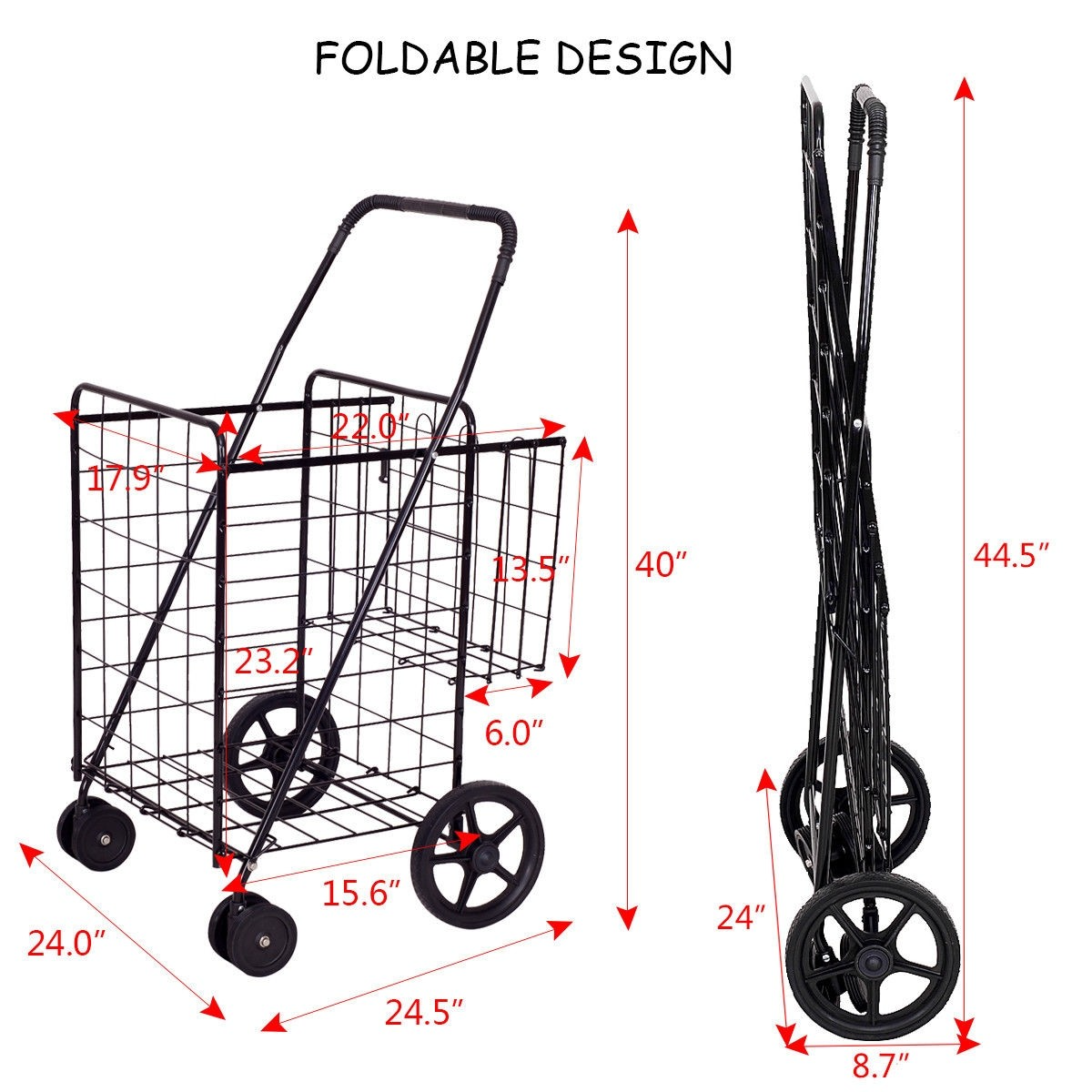Folding Shopping Cart with Swiveling Wheels and Dual Storage Baskets
