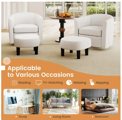 SPECIAL - Modern Club Swivel Accent Chair with Ottoman Footrest Curved Backrest (Cream White) [See Description]