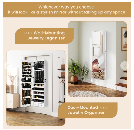 Lockable Wall Mount Mirrored Jewelry Cabinet with LED Lights-White