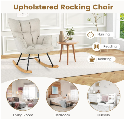 Linen Rocking Chair with High Backrest and Padded Armrests - Beige