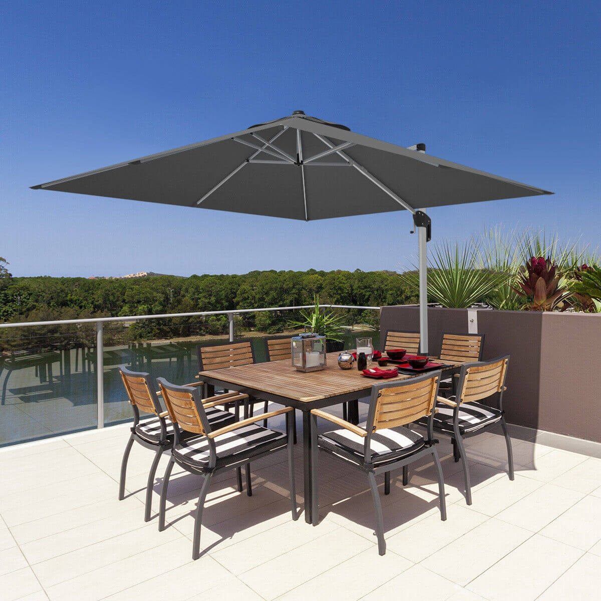 No Tax - 10 Feet 360° Tilt Aluminum Square Patio Umbrella without Weight Base-Gray, (Assembled)