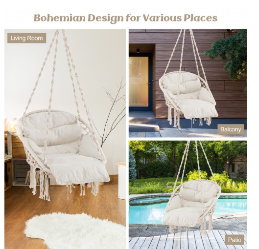 Hammock Chair with Thick Cushion and Macrame Holds up to 330 LBS