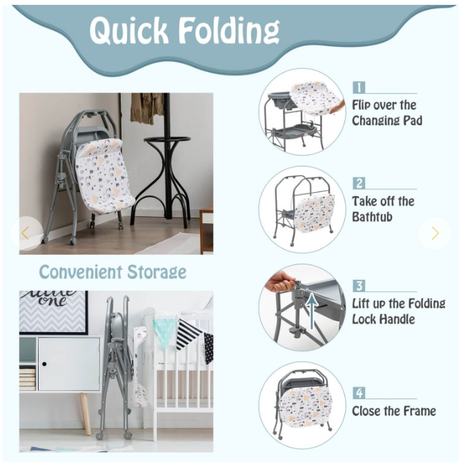 Folding Baby Changing Table with Bathtub and 4 Universal Wheels