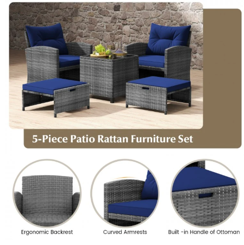 5 Pieces Patio Rattan Sofa Ottoman Furniture Set with Cushions-Navy (Fully Assembled)