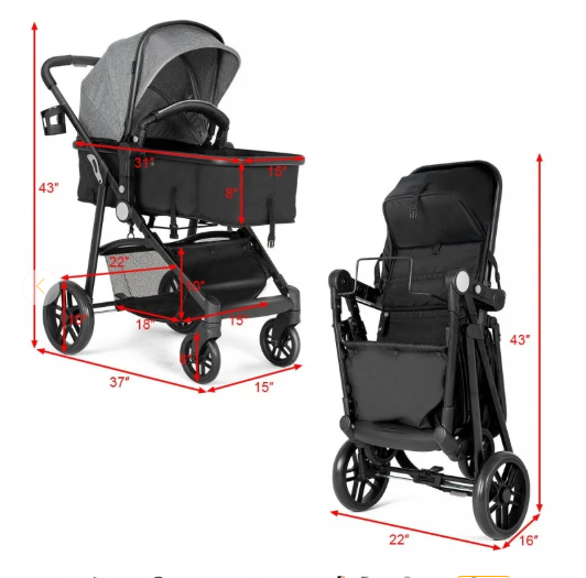 SPECIAL, 2 in 1 Foldable Pushchair Newborn Infant Baby Stroller-Grey