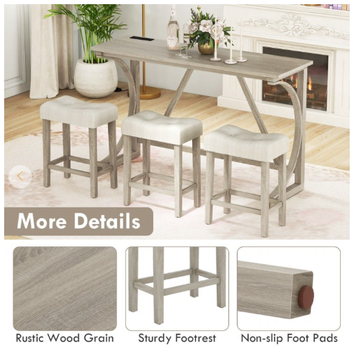 4-Piece Bar Table Set with Power Outlet and Upholstered Saddle Seat Stools (Fully Assembled)