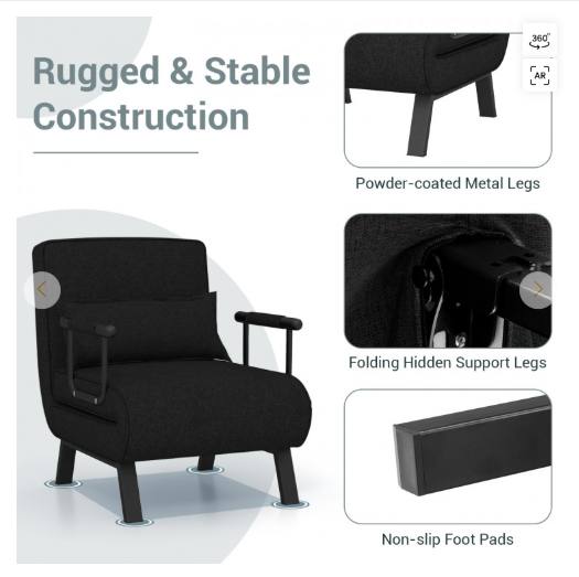Folding 6 Position Convertible Sleeper Bed Armchair Lounge Couch- Black (See description)