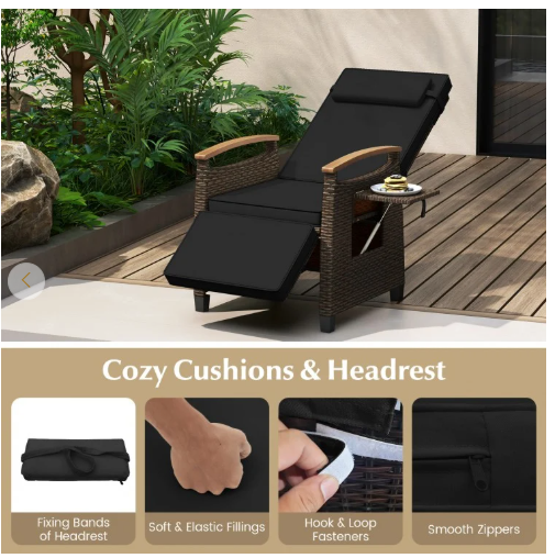 Patio Wicker Recliner Chair with Adjustable Backrest and Footrest-Black (Assembled)