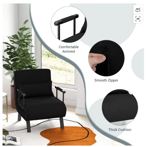 Folding 6 Position Convertible Sleeper Bed Armchair Lounge Couch- Black (See description)