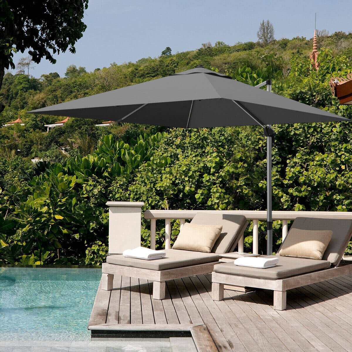 No Tax - 10 Feet 360° Tilt Aluminum Square Patio Umbrella without Weight Base-Gray, (Assembled)