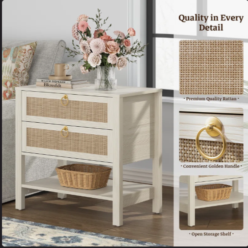 SET of 2 - Pomodoro Rattan Nightstand With 2-Drawer And 1 Open Shelf (Fully Assembled)