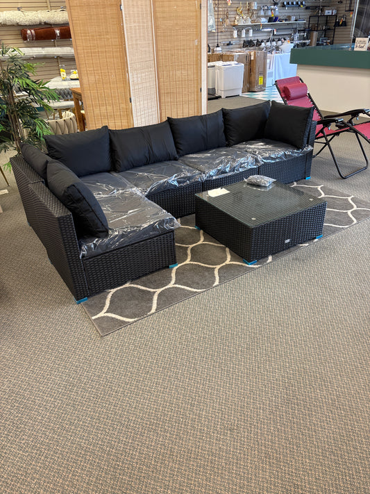 6 Pieces Patio Set with Mismatched Cushions and Glass Coffee Table- Fully Assembled