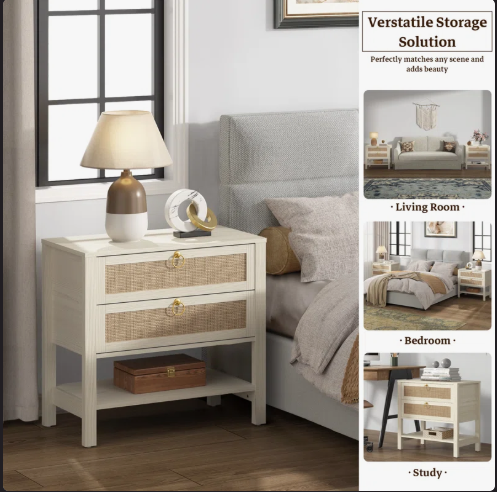 SET of 2 - Pomodoro Rattan Nightstand With 2-Drawer And 1 Open Shelf (Fully Assembled)