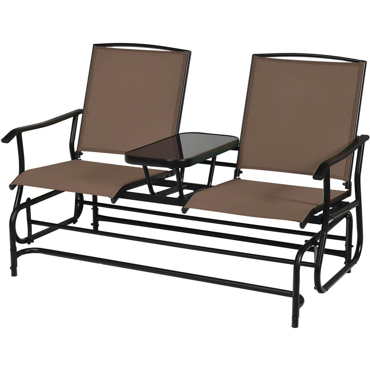 2-Person Double Rocking Loveseat with Mesh Fabric and Center Tempered Glass Table-Brown (Fully Assembled