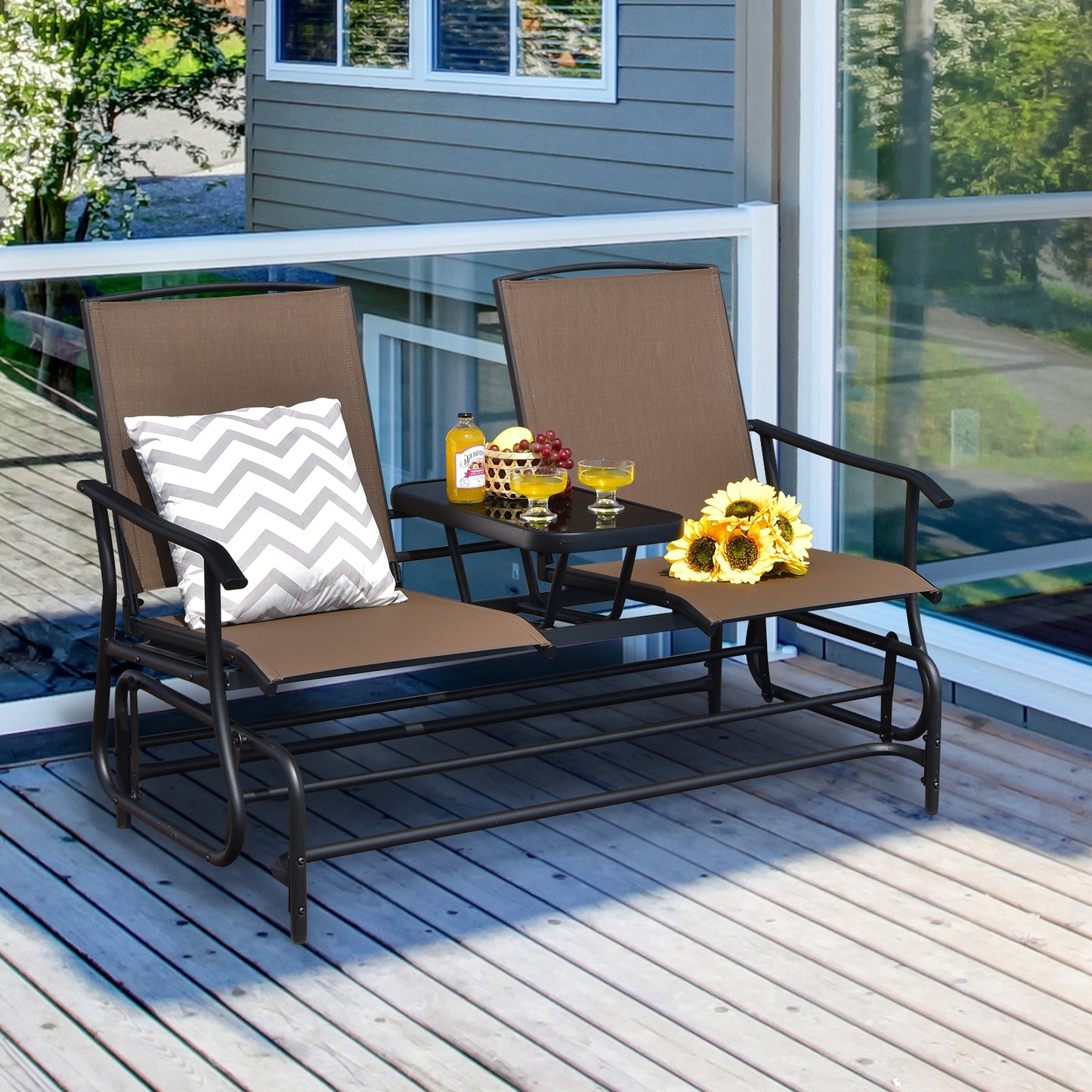 2-Person Double Rocking Loveseat with Mesh Fabric and Center Tempered Glass Table-Brown (Fully Assembled