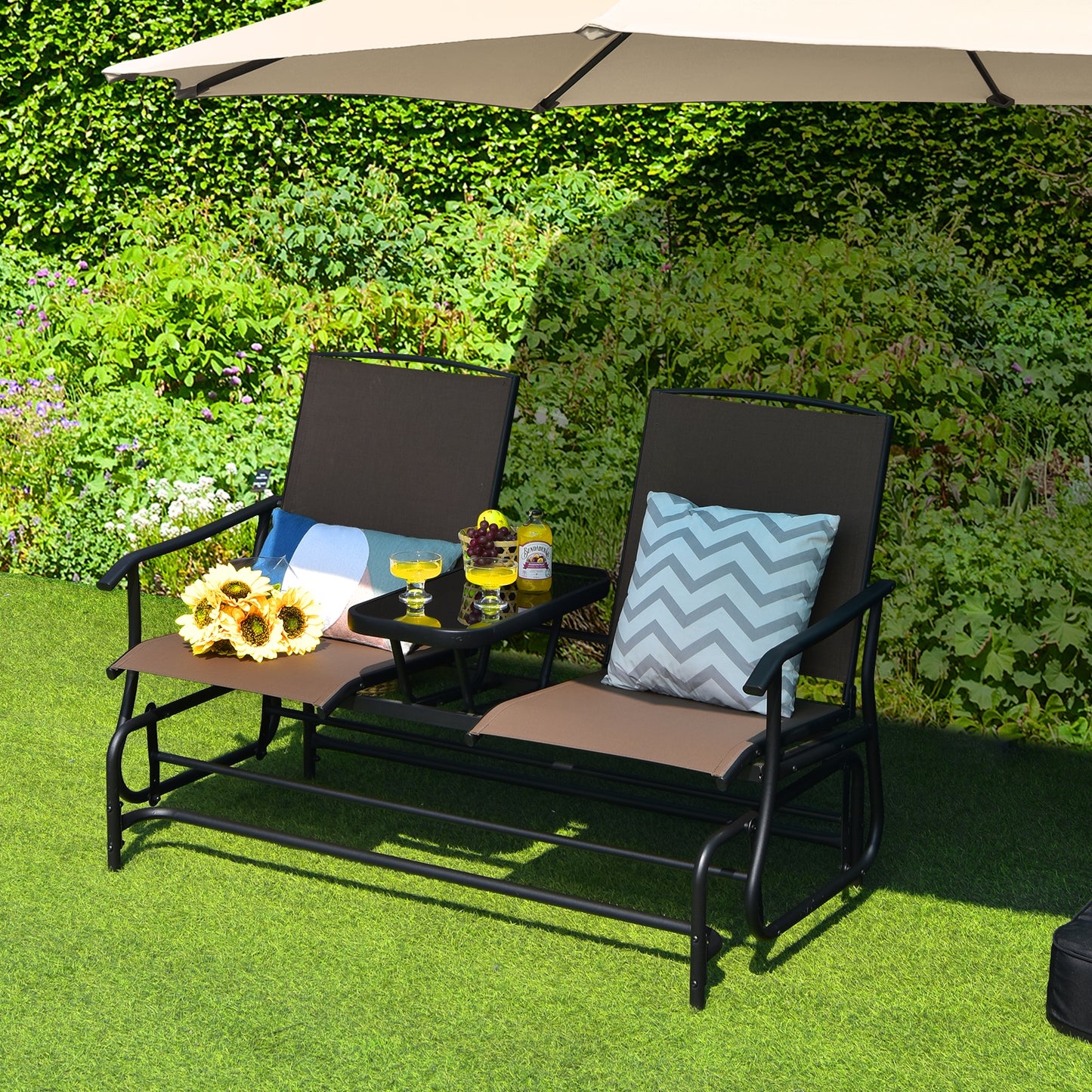 2-Person Double Rocking Loveseat with Mesh Fabric and Center Tempered Glass Table-Brown (Fully Assembled