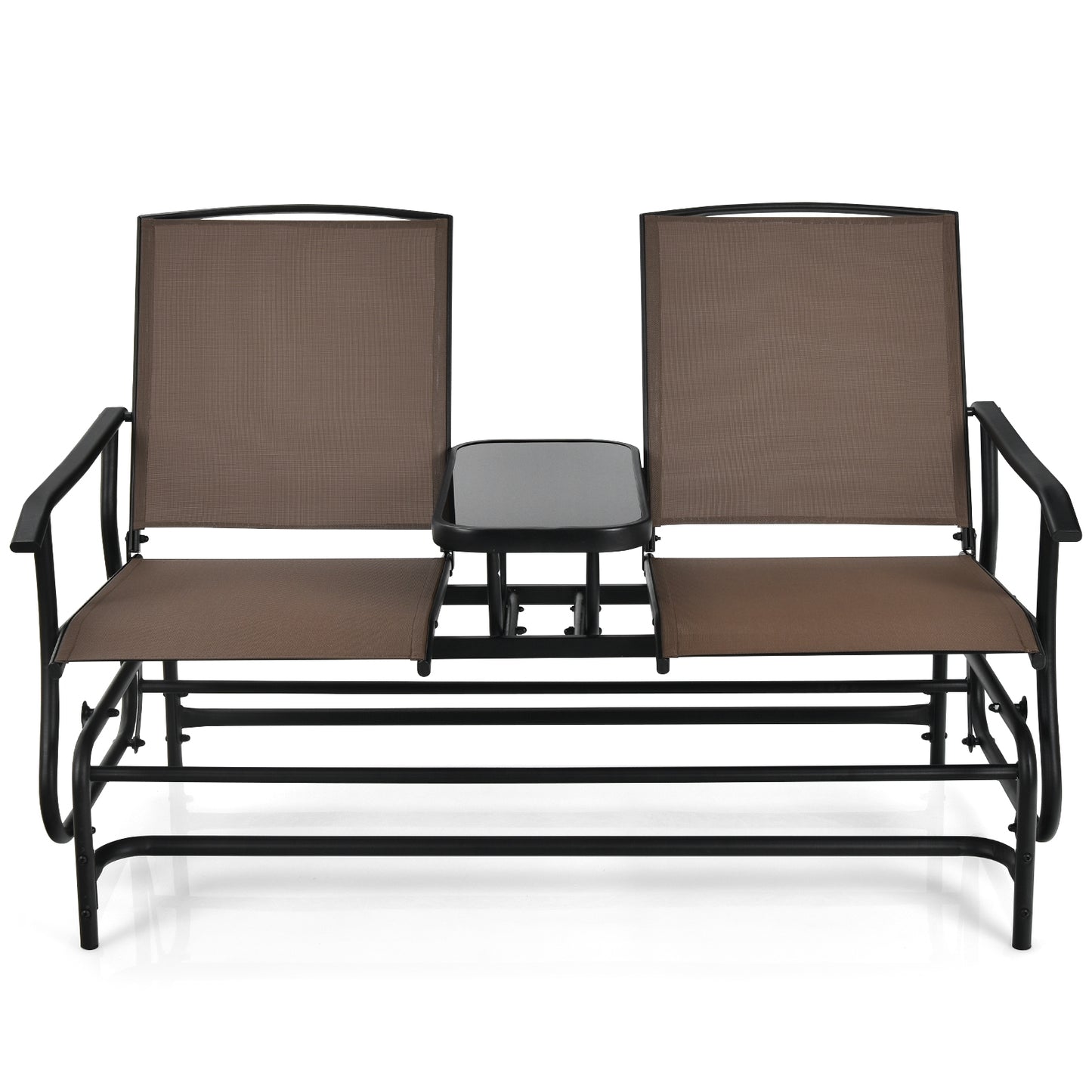 2-Person Double Rocking Loveseat with Mesh Fabric and Center Tempered Glass Table-Brown (Fully Assembled