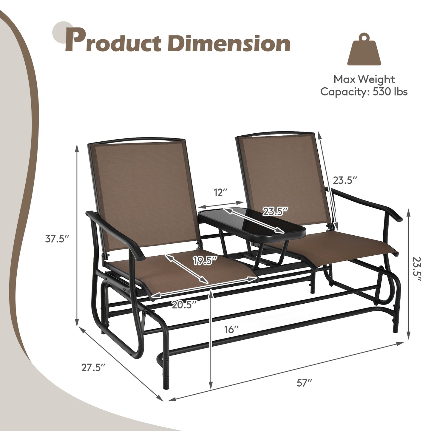 2-Person Double Rocking Loveseat with Mesh Fabric and Center Tempered Glass Table-Brown (Fully Assembled