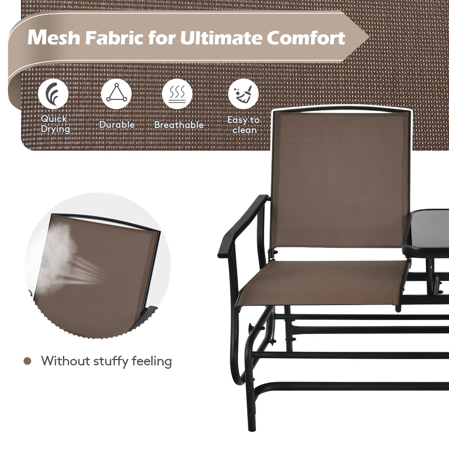 2-Person Double Rocking Loveseat with Mesh Fabric and Center Tempered Glass Table-Brown (Fully Assembled