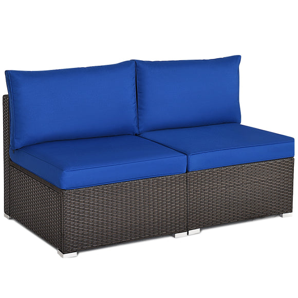 3 Pieces Patio Rattan Armless Sofa Set with 2 Cushions and 2 Pillows and Table-Navy (Fully Assembled)