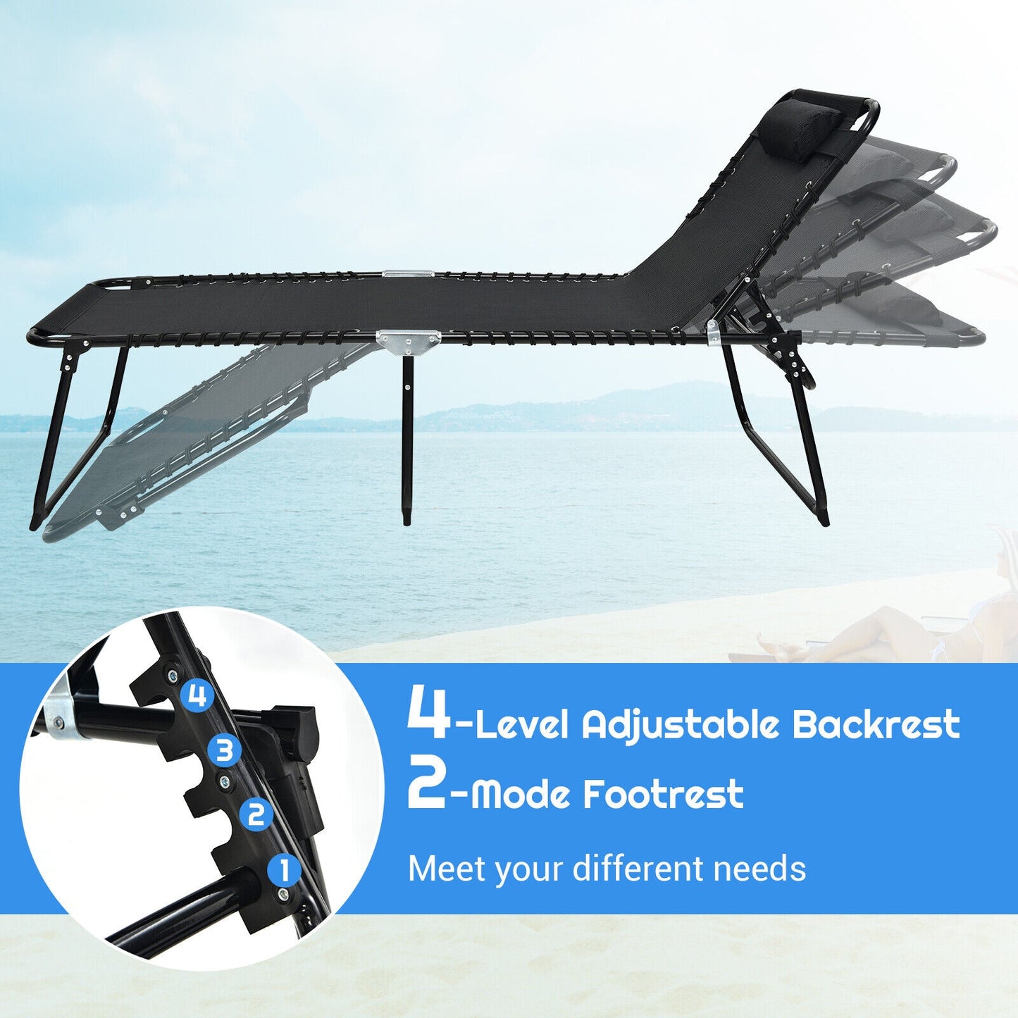 NO TAX - SPECIAL - 4 Position Folding Lounge Chaise with Adjustable Backrest and Footrest-Black