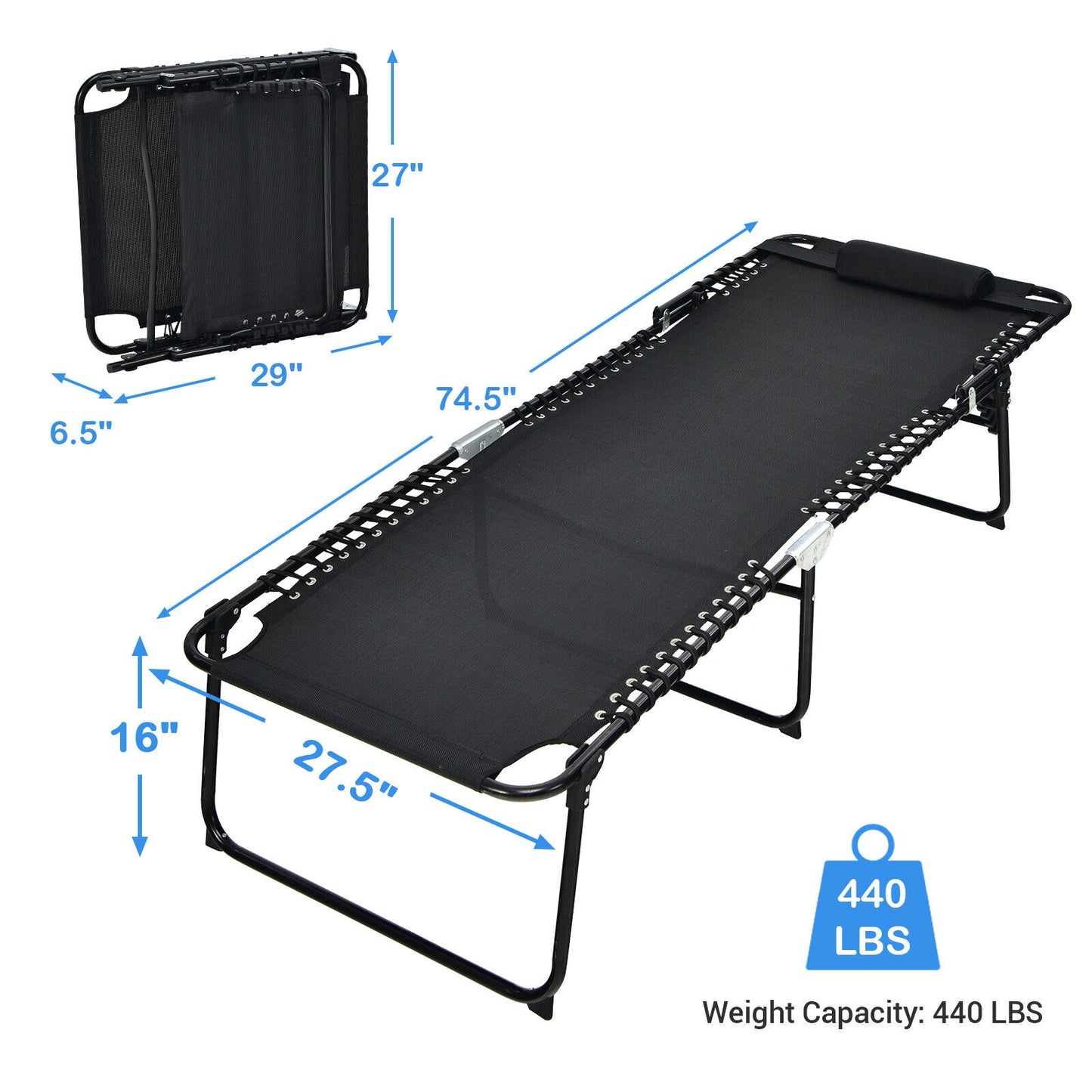 NO TAX - SPECIAL - 4 Position Folding Lounge Chaise with Adjustable Backrest and Footrest-Black