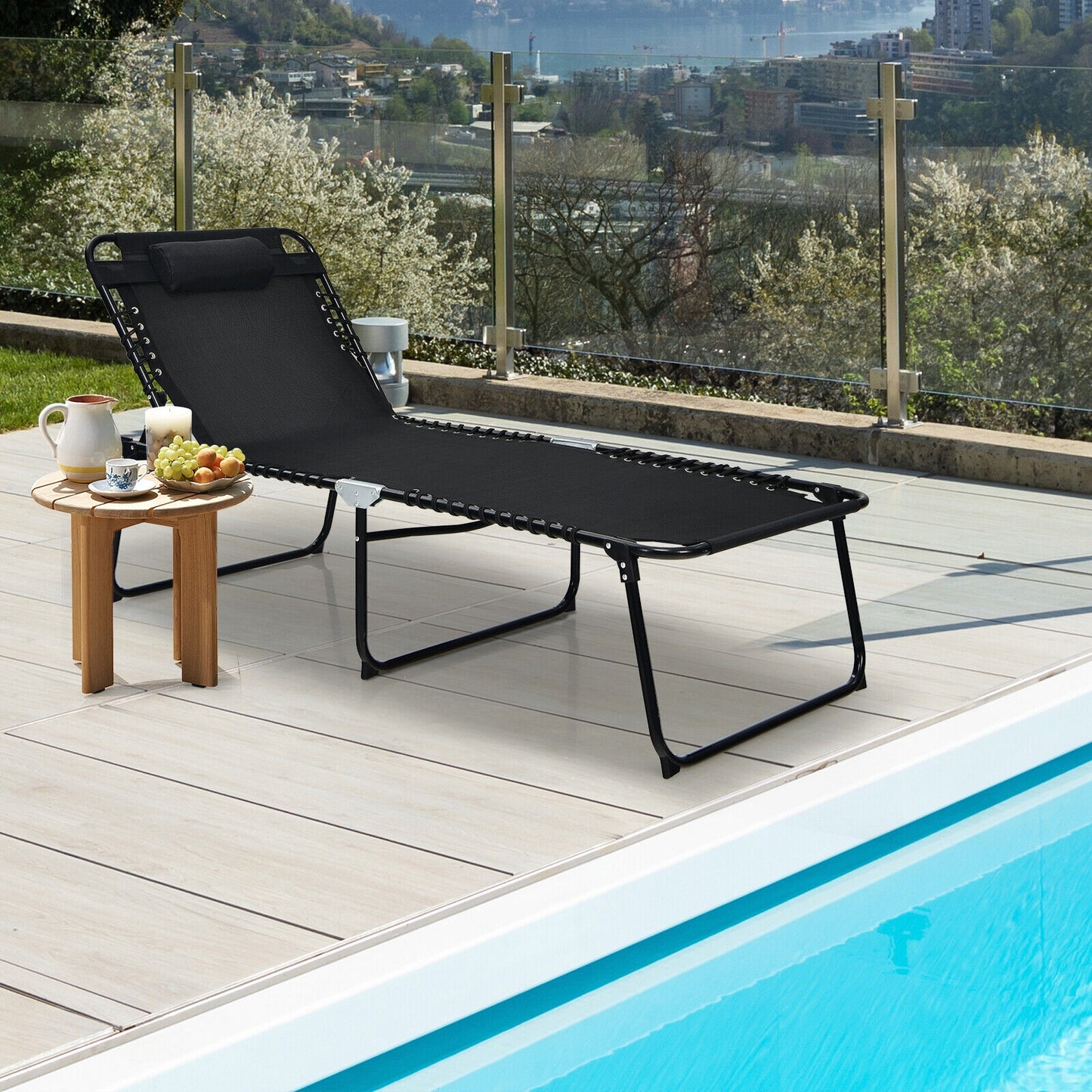 NO TAX - SPECIAL - 4 Position Folding Lounge Chaise with Adjustable Backrest and Footrest-Black