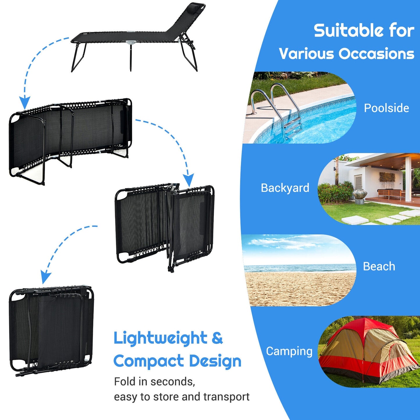 NO TAX - SPECIAL - 4 Position Folding Lounge Chaise with Adjustable Backrest and Footrest-Black