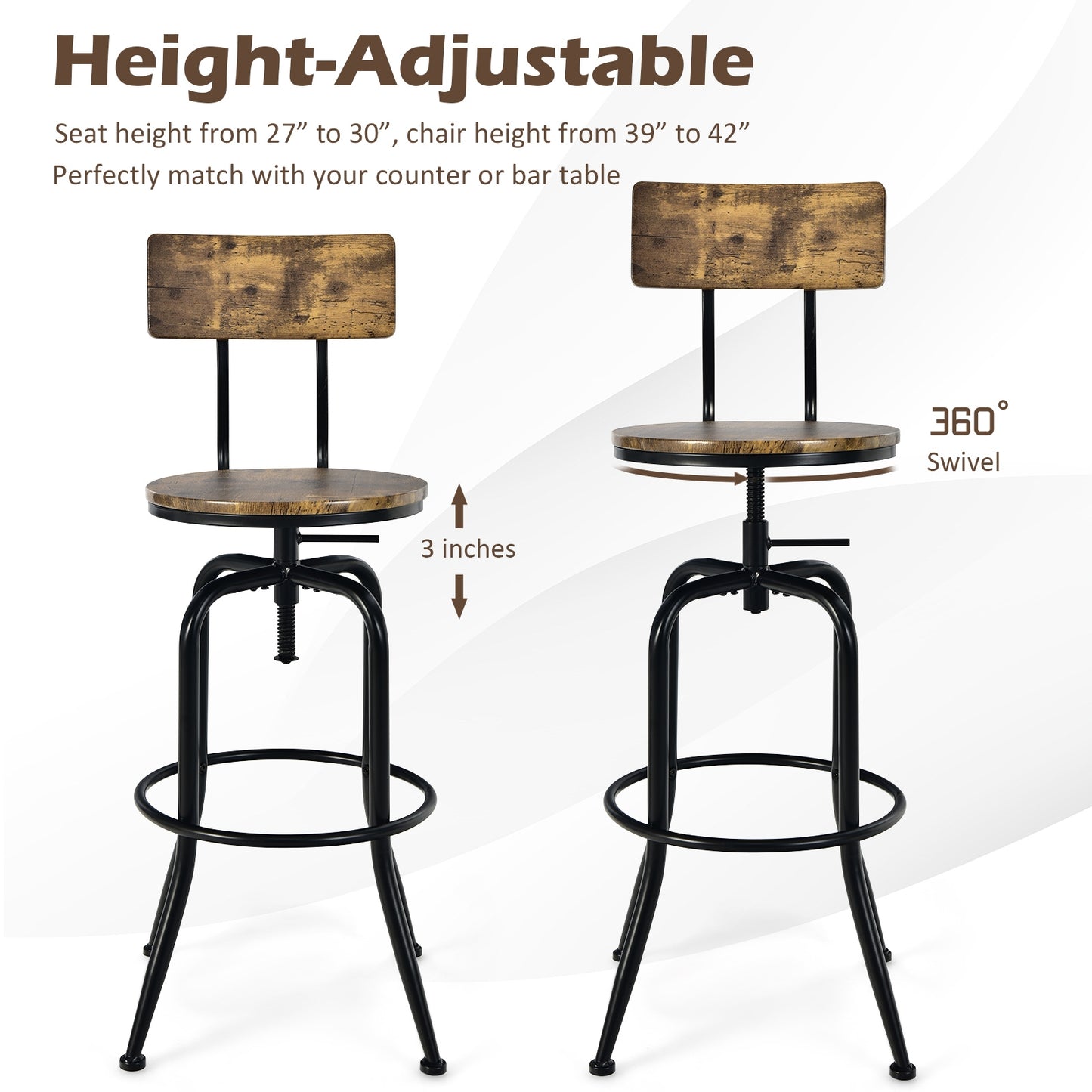 Set of 2 - Adjustable Swivel Counter-Height Stool with Arc-Shaped Backrest-Rustic Brown