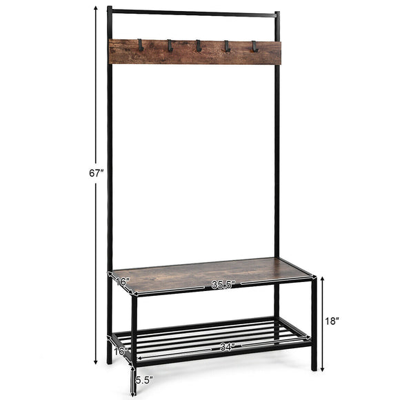 SPECIAL, Unassembled, 3-in-1 Industrial Coat Rack with 2-Tier Storage Bench and 5 Hooks-Brown, 1 Box, unassembled