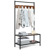 SPECIAL, Unassembled, 3-in-1 Industrial Coat Rack with 2-Tier Storage Bench and 5 Hooks-Brown, 1 Box, unassembled