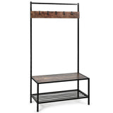 SPECIAL, Unassembled, 3-in-1 Industrial Coat Rack with 2-Tier Storage Bench and 5 Hooks-Brown, 1 Box, unassembled