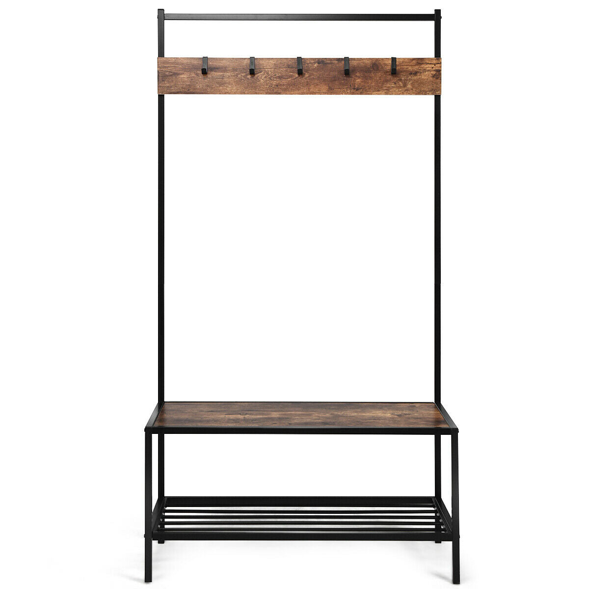 SPECIAL, Unassembled, 3-in-1 Industrial Coat Rack with 2-Tier Storage Bench and 5 Hooks-Brown, 1 Box, unassembled
