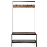 SPECIAL, Unassembled, 3-in-1 Industrial Coat Rack with 2-Tier Storage Bench and 5 Hooks-Brown, 1 Box, unassembled