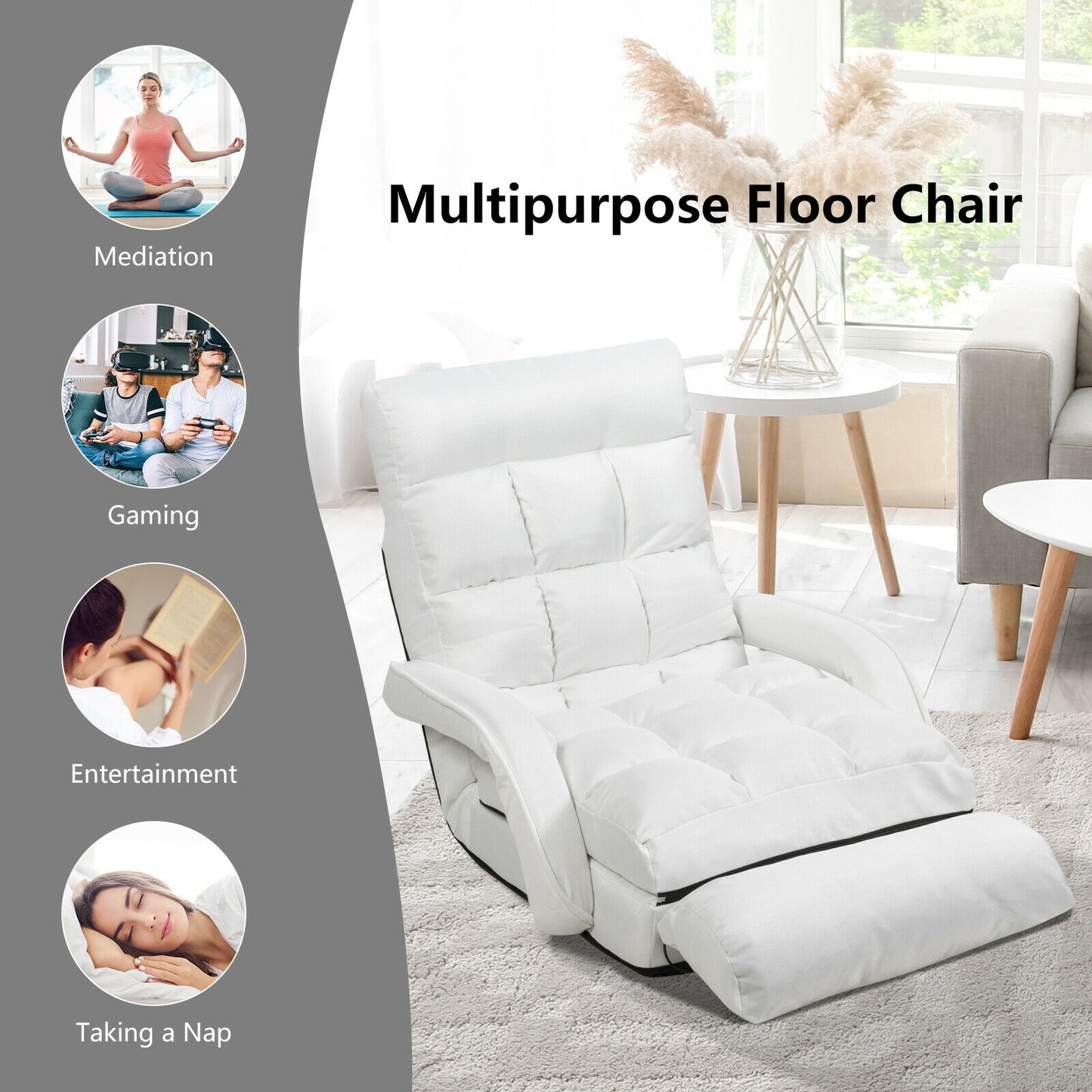 Folding Lazy Floor Chair Sofa with Armrests and Pillow-White