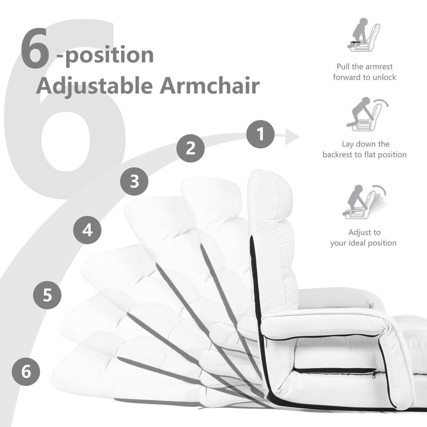 Folding Lazy Floor Chair Sofa with Armrests and Pillow-White